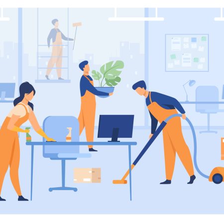 Professional janitors working in office isolated flat vector illustration. Cartoon cleaning team washing, holding stuff, removing dust, using vacuum cleaner. Clean service and hygiene concept